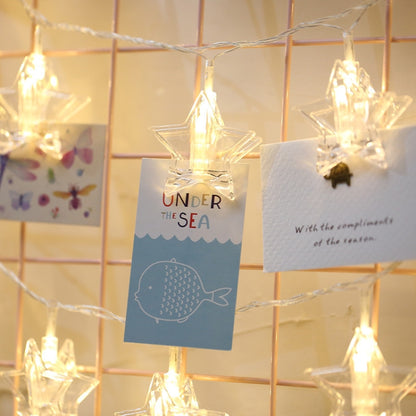 Warm white LED star string lights with clear star bulbs, USB decorative hanging chain