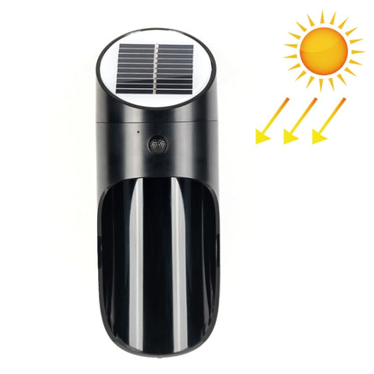 Black solar LED wall light with round top solar panel and front motion sensor window