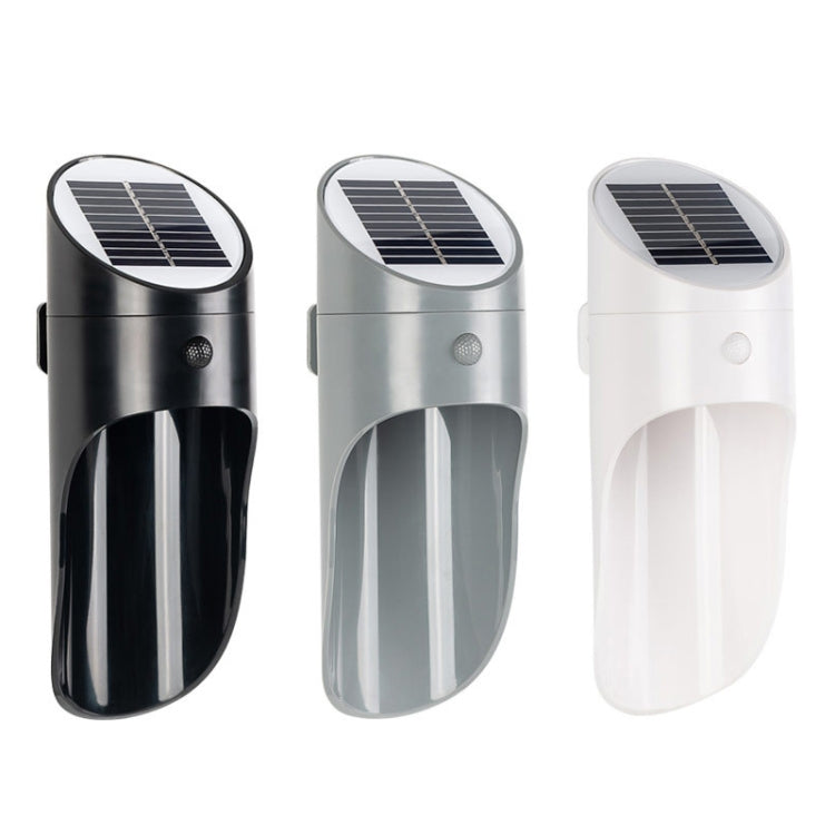 Set of solar LED wall lights in black, gray, and white with round solar panels