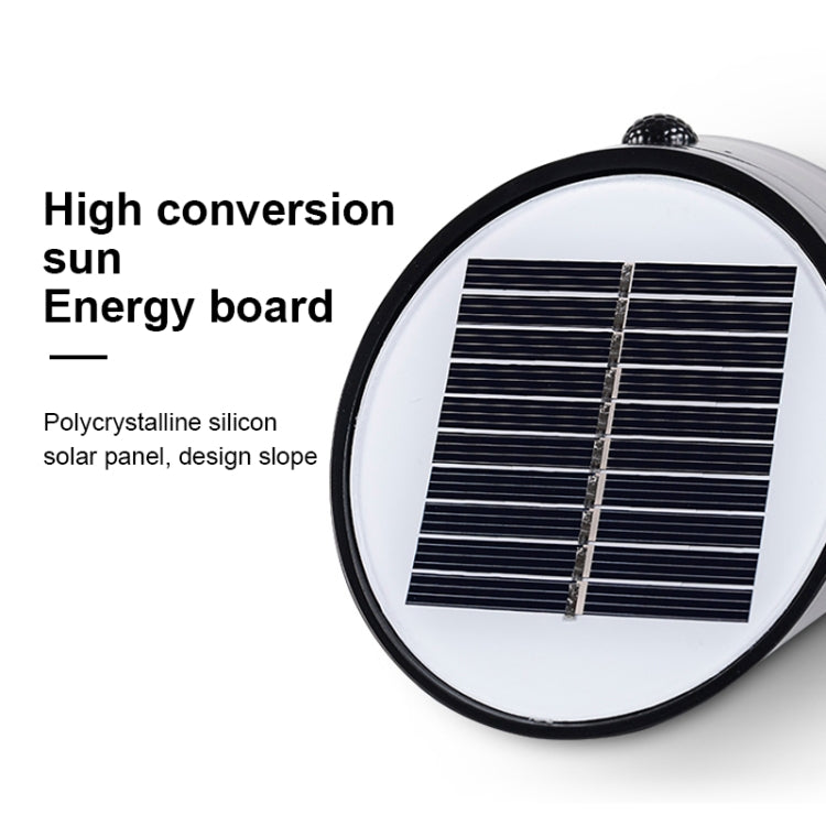 Close-up of round solar panel on a small solar LED wall light housing