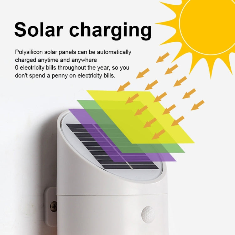 White solar LED wall light with angled round solar panel on top