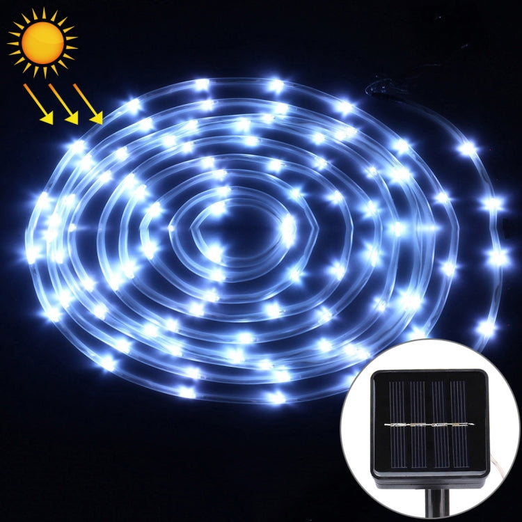 Blue LED solar string rope lights with solar panel close-up and glowing 5 m cable