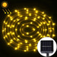 Warm yellow LED solar string rope lights with solar panel and glowing 5 m cable