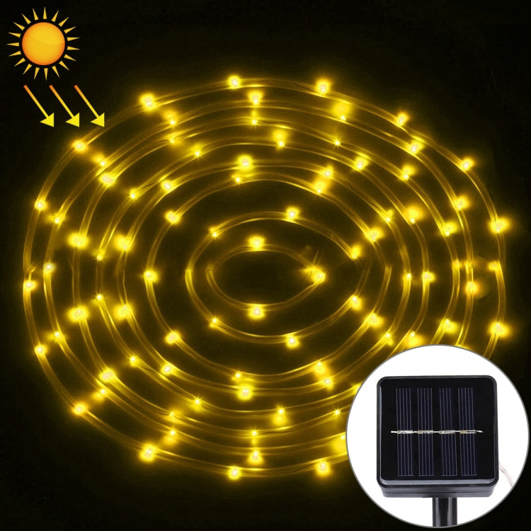 Warm yellow LED solar string rope lights with solar panel and glowing 5 m cable