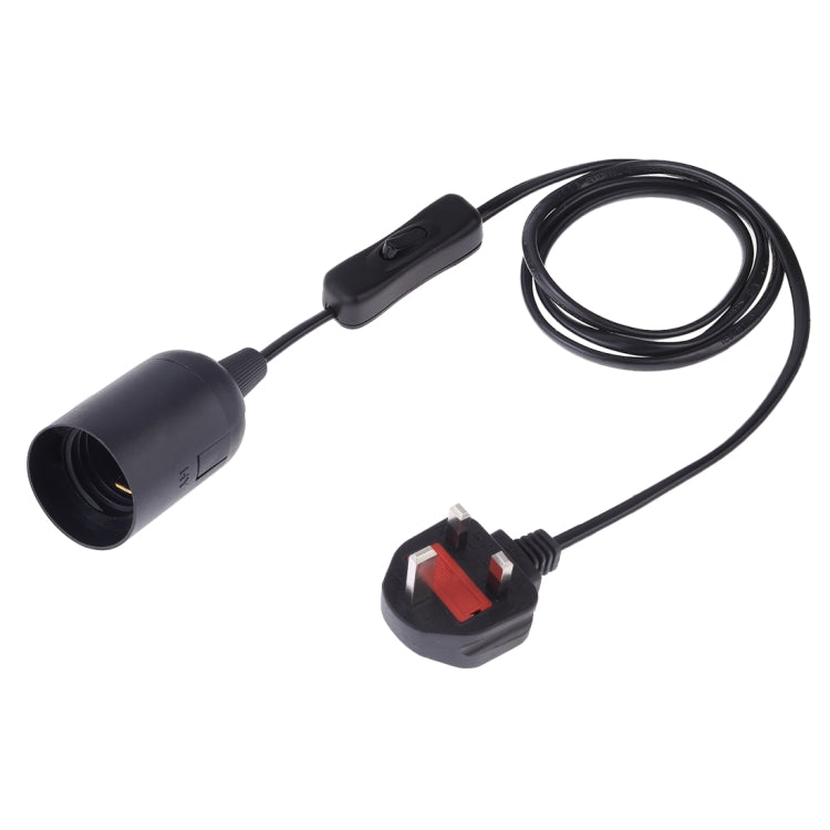 Black E27 lamp holder with inline switch and extension cable, UK-style plug with red insert