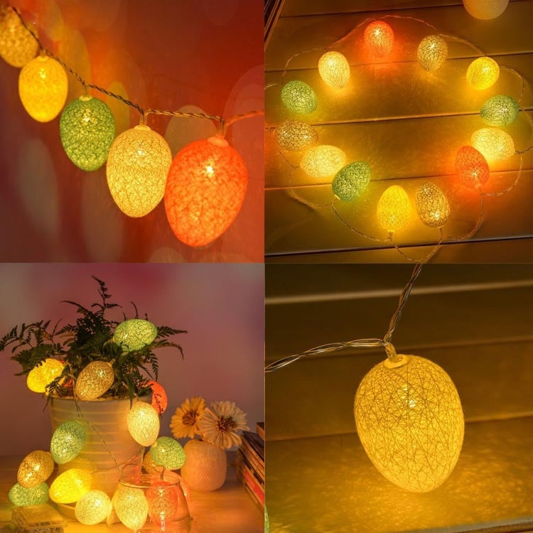 Multicolor cotton egg string lights with glowing round fabric bulbs on wire