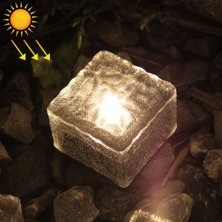 Solar LED buried light cube with warm white glow, square tempered glass top