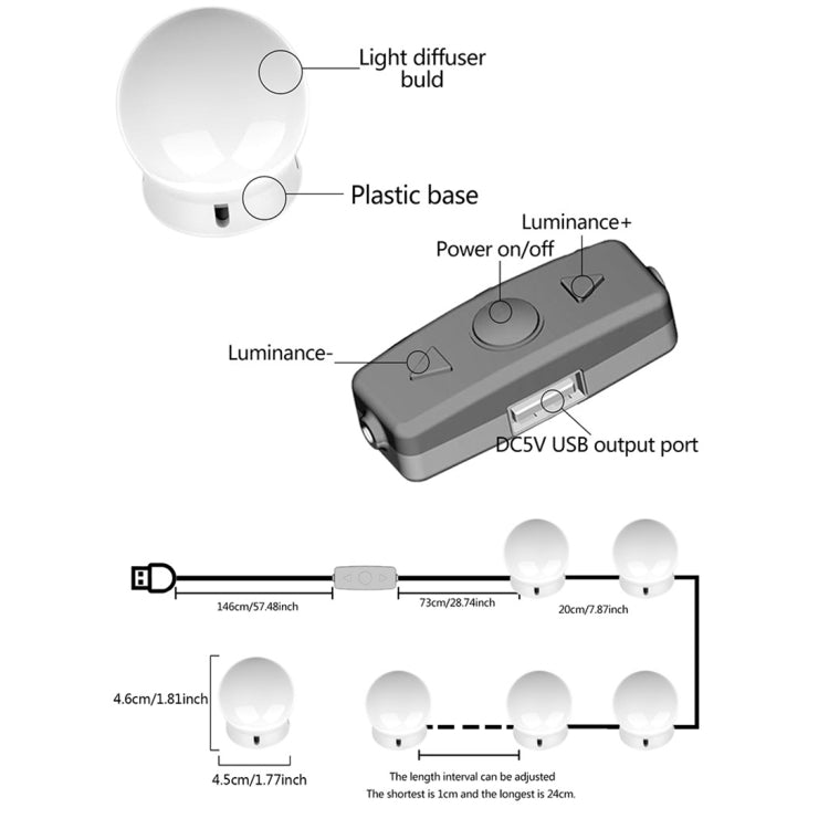 LED makeup mirror bulb system: diffuser globe, plastic base, DC5V USB control