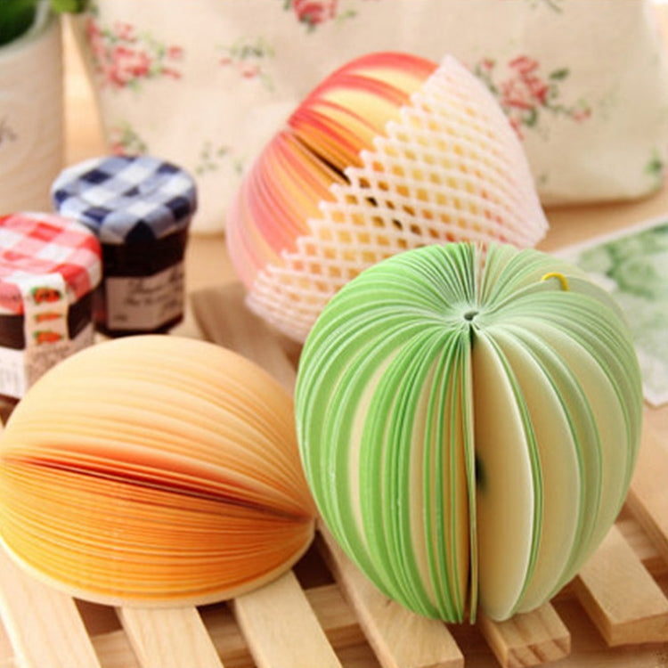 Three fruit note sticker spheres on a stand: yellow peach, green pear, and orange watermelon