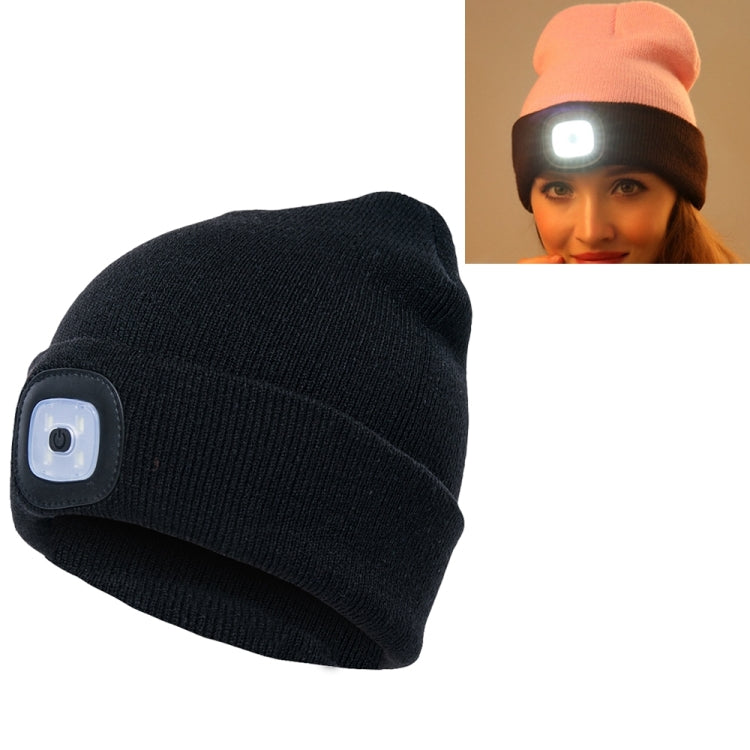 Unisex black knit winter beanie hat with 4-LED light panel and button battery
