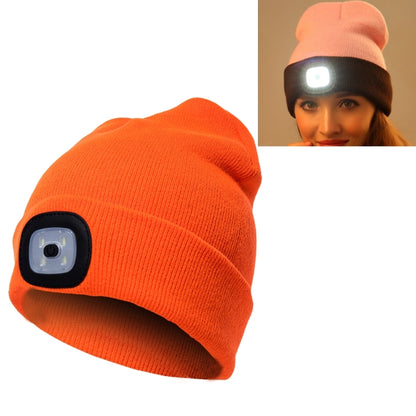 Unisex orange knit winter beanie hat with 4-LED light panel and button battery