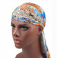 Printed headscarf cap with long tie drape, multicolor paisley pattern, stretchy fit