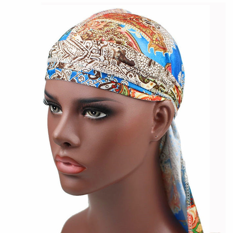 Printed headscarf cap with long tie drape, multicolor paisley pattern, stretchy fit