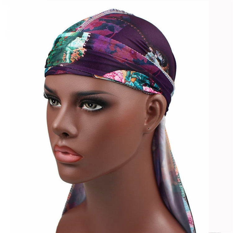 Floral long-tailed pirate hat, purple cap with colorful band and dangling neck ties