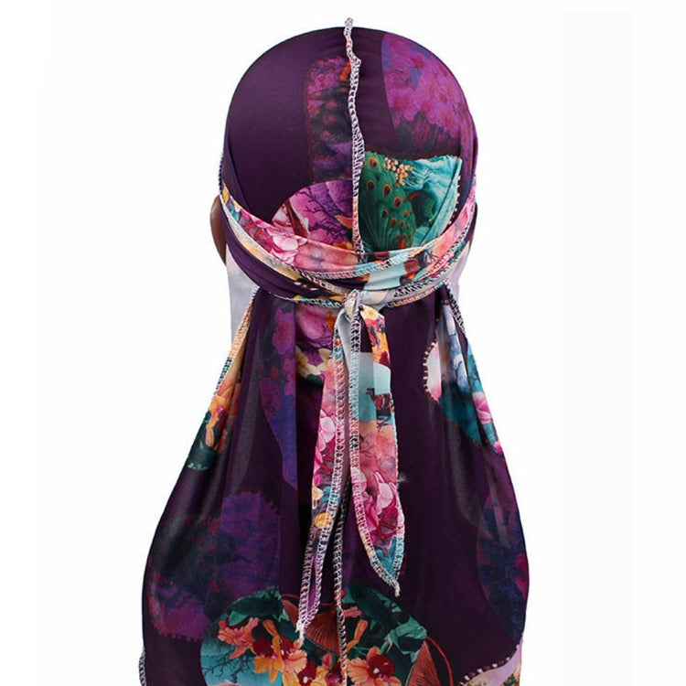 Floral long-tailed pirate hat, purple cap with back tie and long floral scarf
