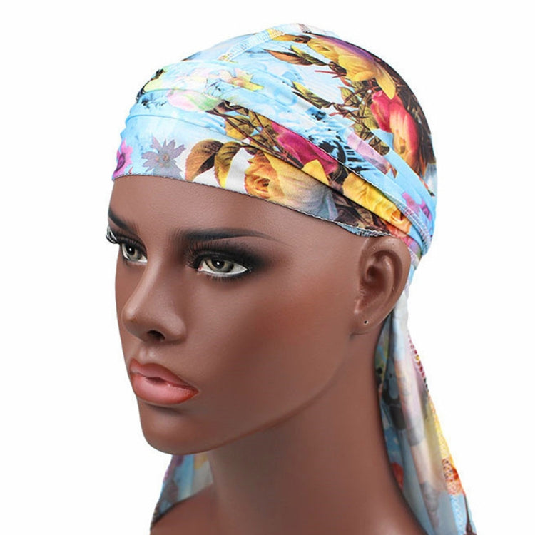 Floral printed pirate hat headscarf with long neck tail, elastic fit