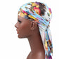 Floral printed headscarf pirate hat with long trailing ribbons, elastic fit
