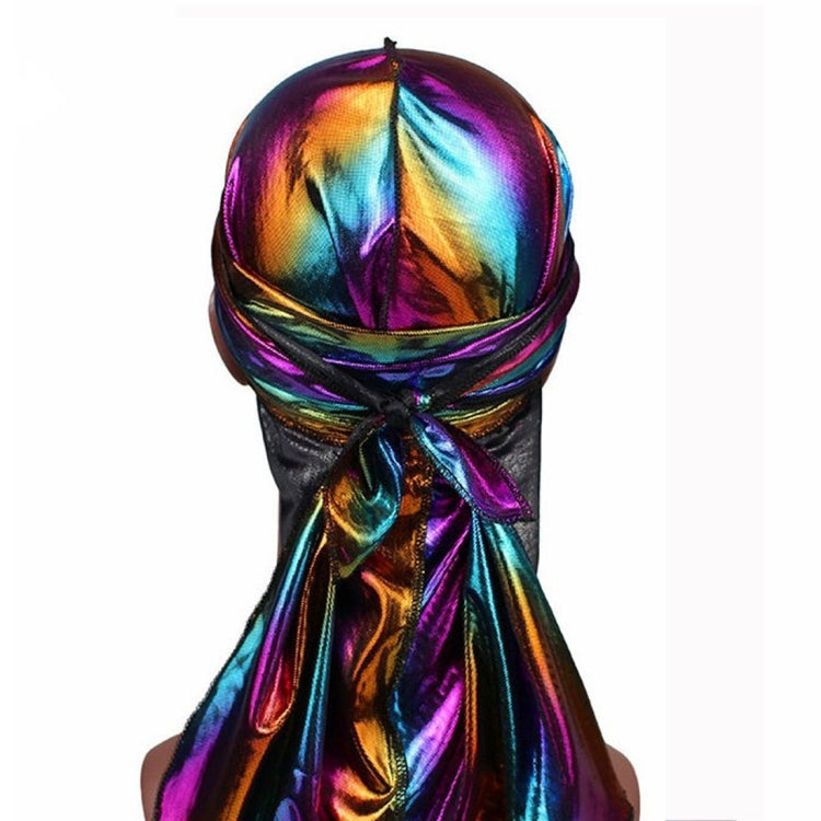 Laser holographic pirate-style hat with long tails and multicolor metallic sheen