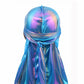 Iridescent long-tailed pirate hat with curved brim and gathered front knot