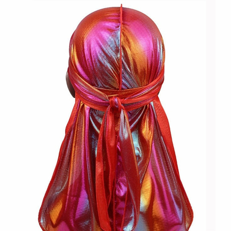 Holographic metallic pirate hat with long draping ties and hooded headscarf