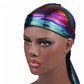 Multicolor holographic headkerchief headband worn over dark hair