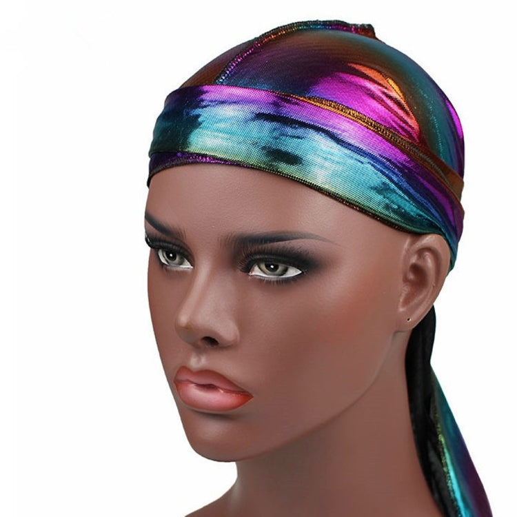 Multicolor holographic headkerchief headband worn over dark hair