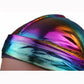 Iridescent holographic headband with stitched seam and rainbow color sweep