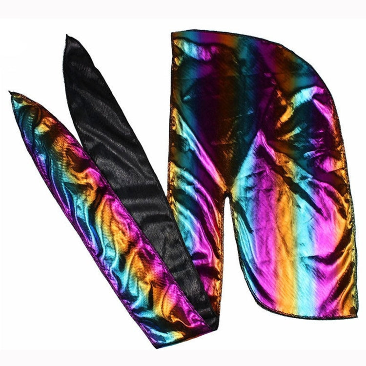 Pirate-style hat long tail scarf pieces in iridescent rainbow metallic fabric