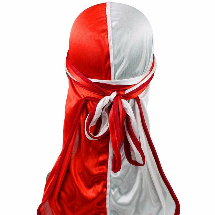 Double-color silk satin pirate turban cap in red and white, bow-tied front drape