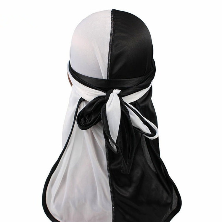 Double-color silk satin pirate turban cap in white and black, bow-tied back tails