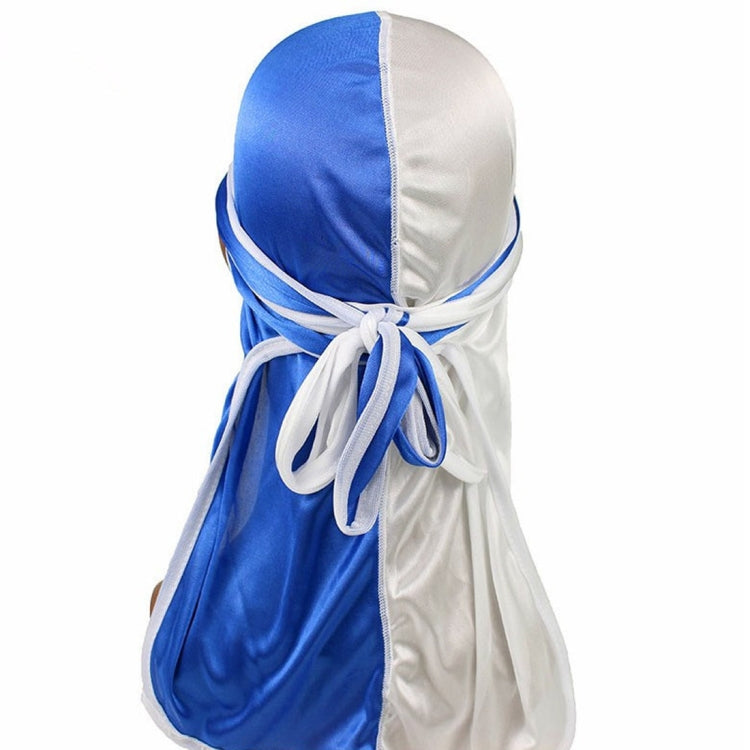 Double-color silk satin pirate turban cap in blue and white, bow-tied back tails
