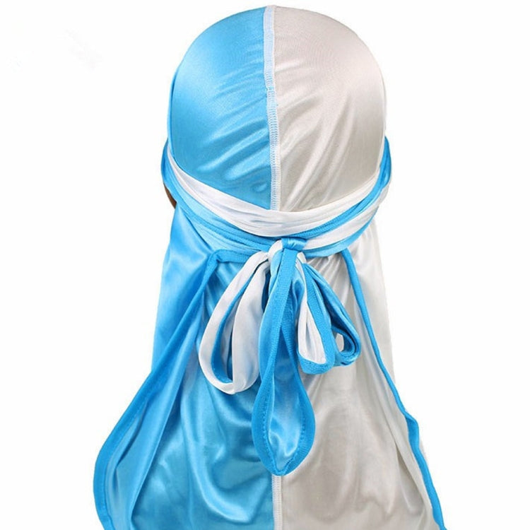 Double-color silk satin pirate turban cap in light blue and white, bow-tied back