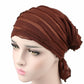 Brown chiffon fold turban cap with stacked pleats and tied side end