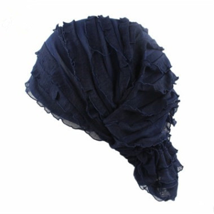 Chiffon fold turban cap, dark navy blue with pleated ruffle texture