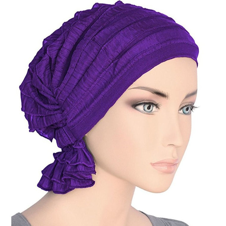 Chiffon fold turban cap, rich purple with pleated ruffles and tied tail