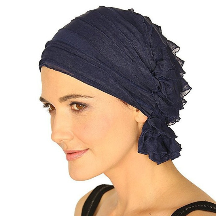 Chiffon fold turban cap in navy blue with layered pleats and side frills