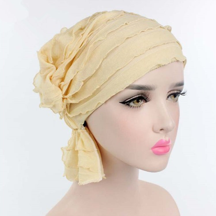 Chiffon fold turban cap, beige with pleated ruffle drape and soft knot
