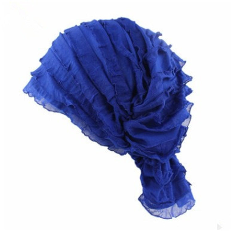 Royal blue chiffon fold turban cap with stacked pleats and layered ruffle edge