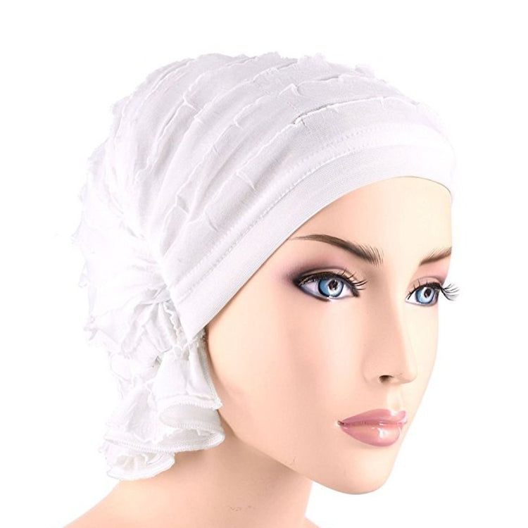 White chiffon fold turban cap with stacked ridges and gathered side knot