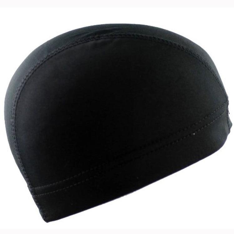 Black elastic dome wig cap with stitched seam and low-profile brim