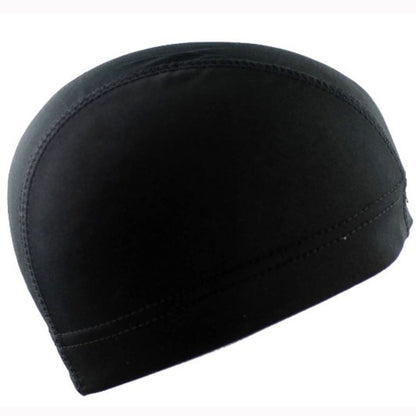Black dome cap wig elastic cap with stitched seams and curved front panel