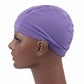 Purple elastic dome wig cap with stitched panel lines and low-profile brim