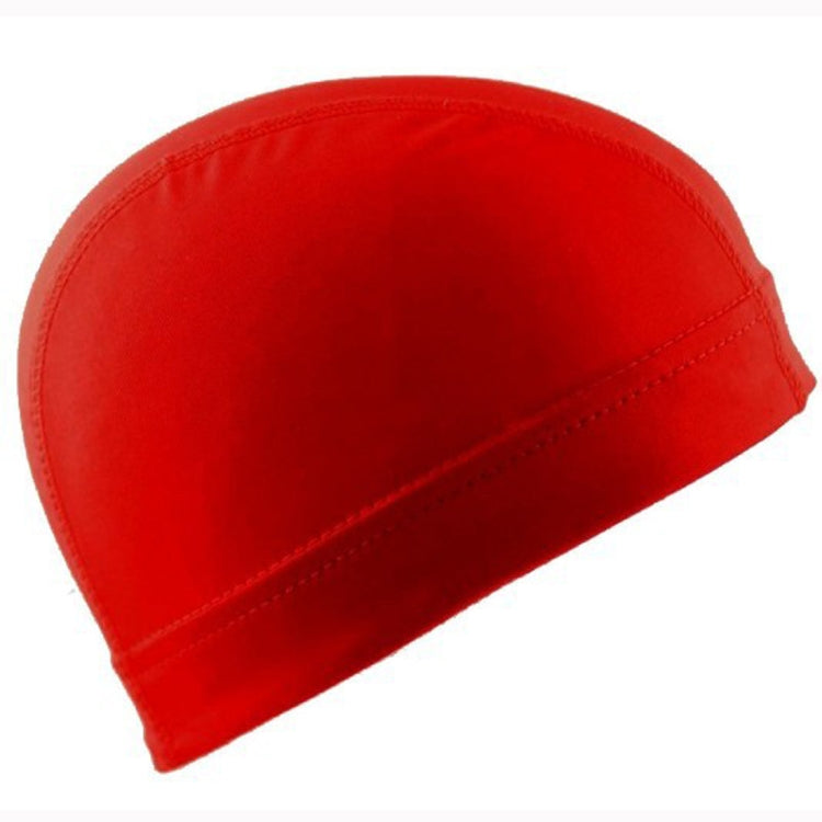 Red elastic dome wig cap with stitched seam and curved low-profile brim
