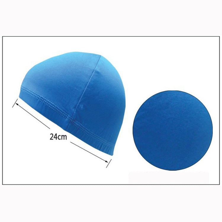 Blue elastic dome wig cap, shown with 24cm length line and round side view