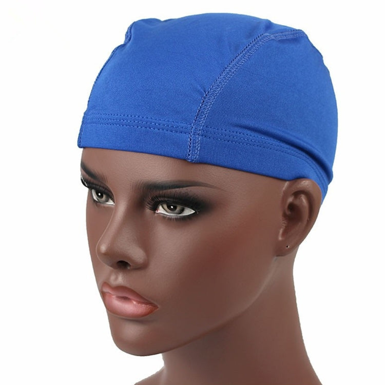 Light blue dome cap wig elastic cap worn on model with stitched front seam