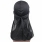 Black long-tailed headscarf hat with gathered fabric and front tie detail