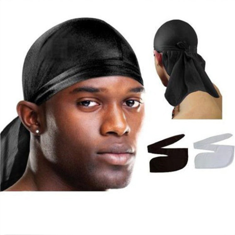 Black long-tailed headscarf hat with elastic band and draped back tail