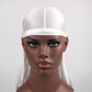 White long-tailed headscarf hat with elastic band and side-swept drape tails
