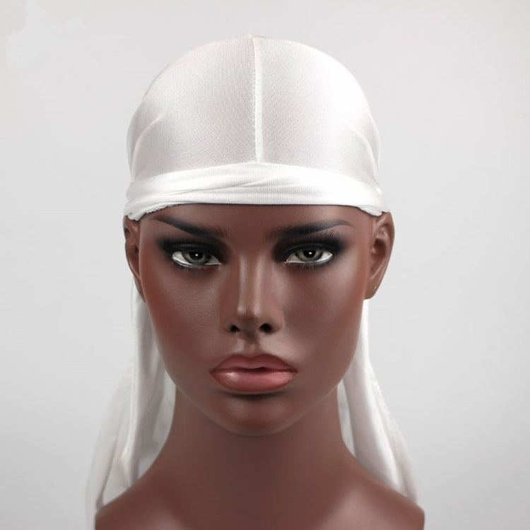 White long-tailed headscarf hat with elastic band and side-swept drape tails