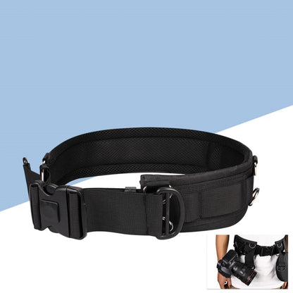 Black wide tactical belt with adjustable straps and metal buckle, holds camera gear
